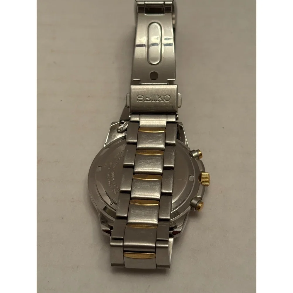 Seiko Chronograph 100M Two Tone Alarm Watch 7T62-0CD0 Silver Gold Steel